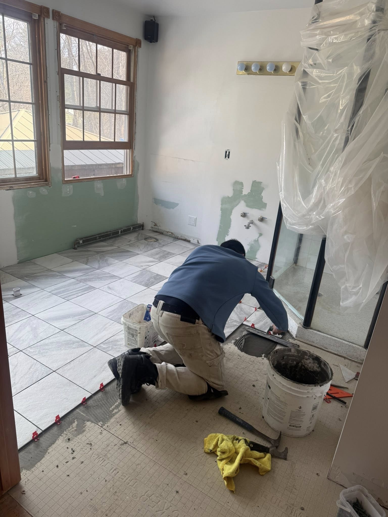 Tile installation in progress